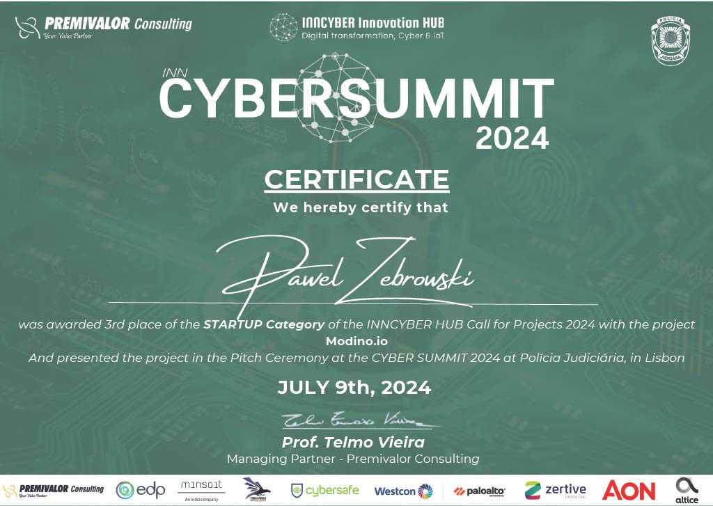 Inncyber innovation hub award for Modino.io project